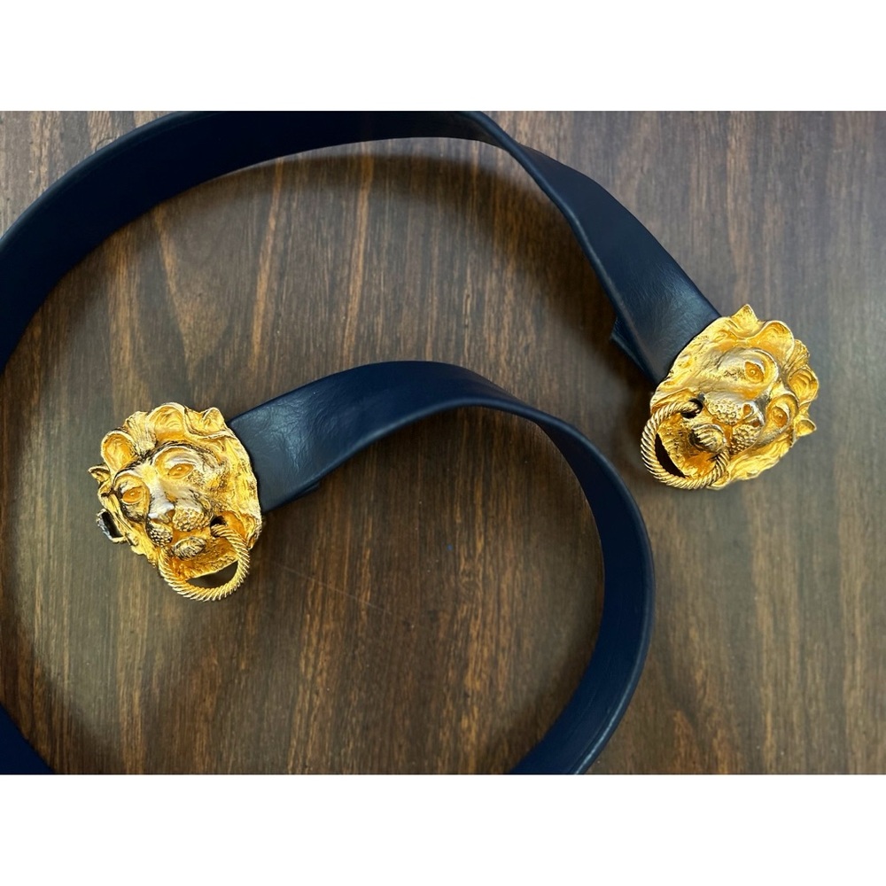 🌿SOLD🌿 Vintage 1974 Gold Brass Lion’s Head Knocker Blue Leather Waist Belt 🦁 - Picture 7 of 7